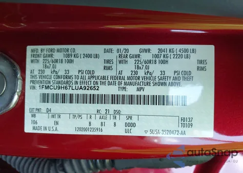 2020 Ford Escape Sel from USA, damaged, VIN 1FMCU9H67LUA92652